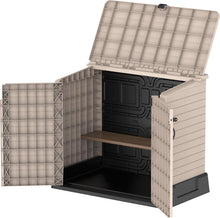 Load image into Gallery viewer, Duramax StoreAway 1200L Plastic Garden Shed/ Flat Lid, Outdoor Storage Shed, Wheelie Bin Hideaways, Wheelie bin box, Durable Construction, Ideal for Bikes, BBQs &amp; 2x 240L Bins, 145x85x125 cm, Brown
