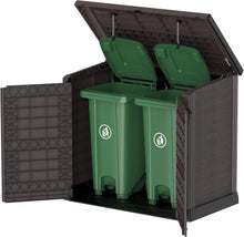 Load image into Gallery viewer, Duramax StoreAway 1200L Plastic Garden Shed/ Flat Lid, Outdoor Storage Shed, Wheelie Bin Hideaways, Wheelie bin box, Durable Construction, Ideal for Bikes, BBQs &amp; 2x 240L Bins, 145x85x125 cm, Brown