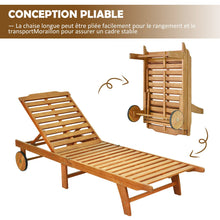 Load image into Gallery viewer, Chaise Longue Pliable en Bois avec 2 Roues et un Coussin Amovible Dossier Réglable Capacité Portante 160KG Idéal pour L’extérieur