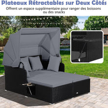 Load image into Gallery viewer, Chaise Longue à 2 Places en Rotin avec Auvent Rétractable Bain de Soleil avec Panneaux Latéraux Pliables Charge 360KG Beige/Gris