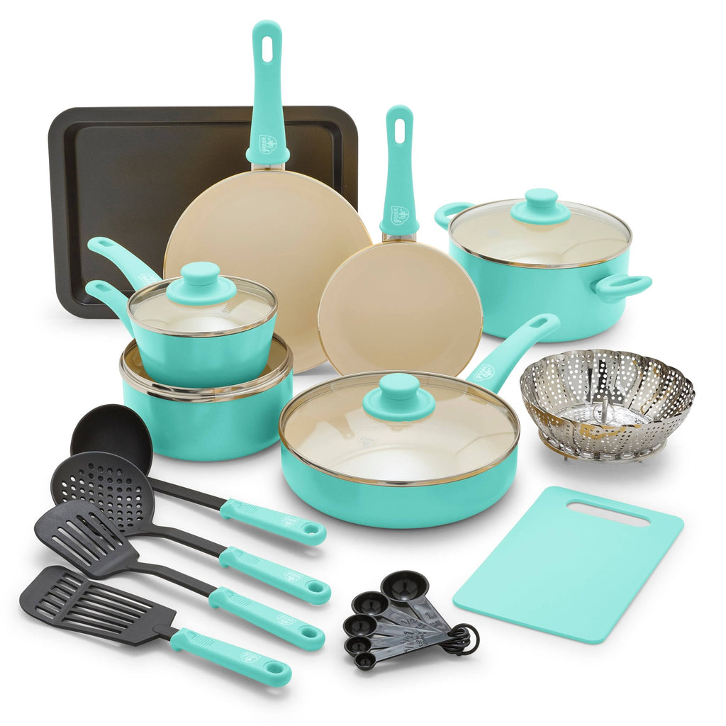 GreenLife 18-Piece Soft Grip Toxin-Free Healthy Ceramic Non-Stick Cookware Set, Turquoise