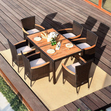 Load image into Gallery viewer, GIANTEX Salon de Jardin 6 Personnes en Rotin et Bois d'Acacia, Table de Jardin Extérieure avec 6 Chaises, Coussins, Trou de Parasol, Pieds Réglables, pour Cour, Pique-Nique, Marron