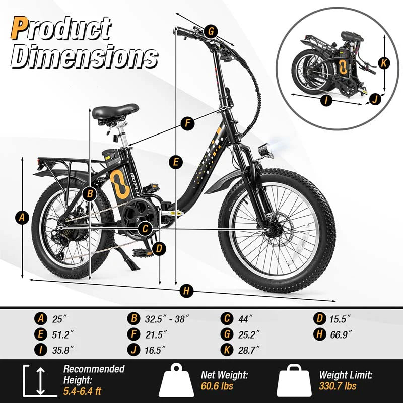 Folding Electric Bike for Adults with 20" Fat Tires, 750W Brushless Motor, 30MPH, 44-Mile Range, LCD Display & Fork Suspension for Snow/Sand Commuting