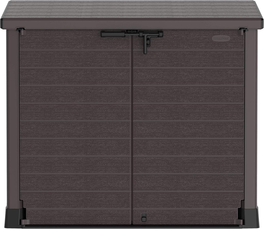 Duramax StoreAway 1200L Plastic Garden Shed/ Flat Lid, Outdoor Storage Shed, Wheelie Bin Hideaways, Wheelie bin box, Durable Construction, Ideal for Bikes, BBQs & 2x 240L Bins, 145x85x125 cm, Brown