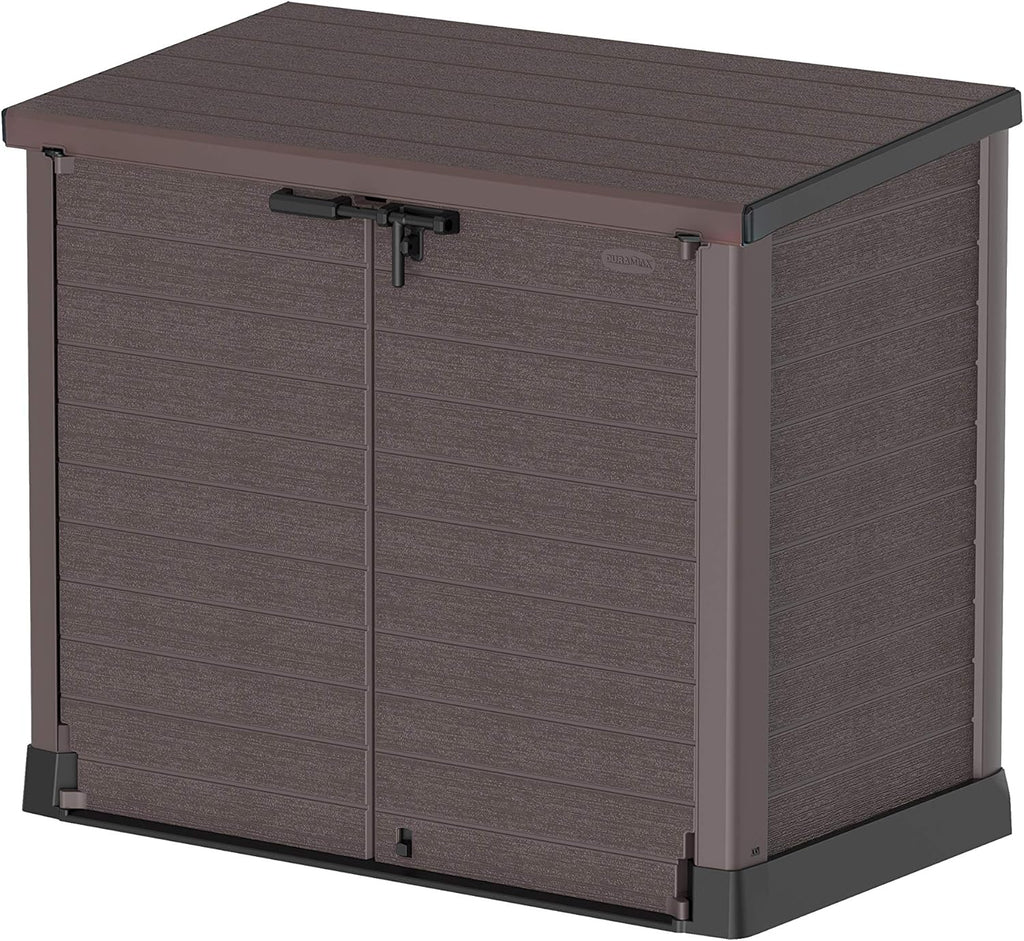 Duramax StoreAway 1200L Plastic Garden Shed/ Flat Lid, Outdoor Storage Shed, Wheelie Bin Hideaways, Wheelie bin box, Durable Construction, Ideal for Bikes, BBQs & 2x 240L Bins, 145x85x125 cm, Brown