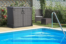 Load image into Gallery viewer, Duramax StoreAway 1200L Plastic Garden Shed/ Flat Lid, Outdoor Storage Shed, Wheelie Bin Hideaways, Wheelie bin box, Durable Construction, Ideal for Bikes, BBQs &amp; 2x 240L Bins, 145x85x125 cm, Brown