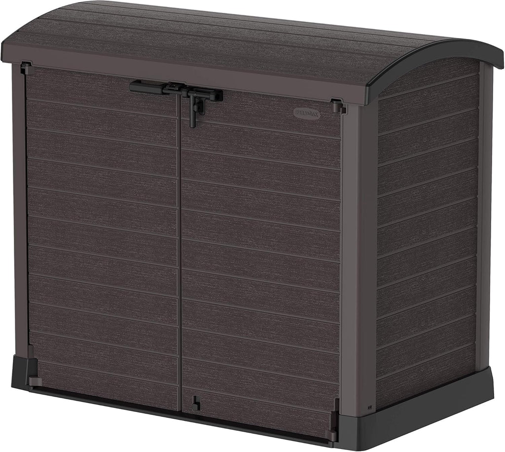 Duramax StoreAway 1200L Plastic Garden Shed/ Flat Lid, Outdoor Storage Shed, Wheelie Bin Hideaways, Wheelie bin box, Durable Construction, Ideal for Bikes, BBQs & 2x 240L Bins, 145x85x125 cm, Brown