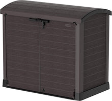 Load image into Gallery viewer, Duramax StoreAway 1200L Plastic Garden Shed/ Flat Lid, Outdoor Storage Shed, Wheelie Bin Hideaways, Wheelie bin box, Durable Construction, Ideal for Bikes, BBQs &amp; 2x 240L Bins, 145x85x125 cm, Brown