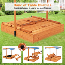 Load image into Gallery viewer, Bac à Sable en Bois pour Enfants avec Couvercle Aire de Jeux avec Table Sensorielle Pliable &amp; Banc Parasol Ajustable pour 3+ Ans Naturel
