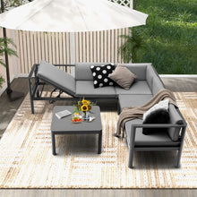 Load image into Gallery viewer, Salon de Jardin Extérieur avec Table Basse en Verre Trempé Canapéavec Dossier Inclinable à 6 Niveaux Coussins Inclus Gris