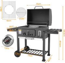 Load image into Gallery viewer, Barbecue Charbon de Bois XL, Chariot à Barbecue, Grill XL à Charbon avec Couvercle, Roues et Thermomètre, Réglable en Hauteur, Grand Barbecue au Charbon de Bois, pour Camping et Jardin, Noir