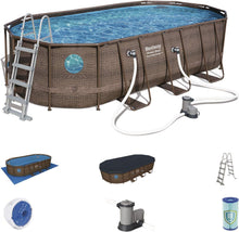 Load image into Gallery viewer, Bestway 56946 Piscine Power Steel™ Swim Vista ovale 488 x 305 x 107 cm motif rotin avec hublots, filtration à sable, échelle, bâche et diffuseur Chemconnect™