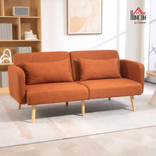 Load image into Gallery viewer, HOMCOM Canapé Convertible 3 Places, canapé-lit 2 Places, Dossier inclinable et accoudoirs réglables, canapé clic clac en Tissu Effet Lin, Pieds en Bois Massif, 2 Coussins lavables, Marron
