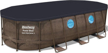 Load image into Gallery viewer, Bestway 56946 Piscine Power Steel™ Swim Vista ovale 488 x 305 x 107 cm motif rotin avec hublots, filtration à sable, échelle, bâche et diffuseur Chemconnect™