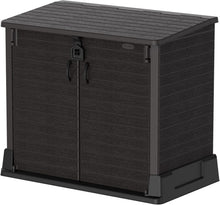 Load image into Gallery viewer, Duramax StoreAway 1200L Plastic Garden Shed/ Flat Lid, Outdoor Storage Shed, Wheelie Bin Hideaways, Wheelie bin box, Durable Construction, Ideal for Bikes, BBQs &amp; 2x 240L Bins, 145x85x125 cm, Brown