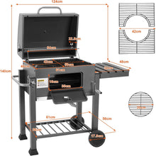 Load image into Gallery viewer, Barbecue Charbon de Bois XL, Chariot à Barbecue, Grill XL à Charbon avec Couvercle, Roues et Thermomètre, Réglable en Hauteur, Grand Barbecue au Charbon de Bois, pour Camping et Jardin, Noir