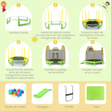 Load image into Gallery viewer, Trampoline Extérieur Ø 223cm avec Toboggan&amp;Echelle avec Filet de Sécurité 2 Portes en U Charge 270kg pour 2-3 Enfants de 3 Ans+ Bleu/Vert
