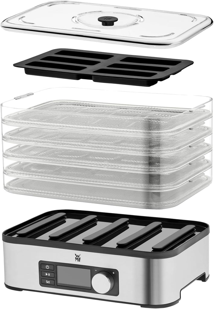 WMF KITCHENminis Dehydrator, 400 W, Stainless Steel, 5 Trays BPA Free, Programmable Dried Fruits, Vegetables, Dehydrated Mushrooms, Cereal Bars, Cromargan 0415250011
