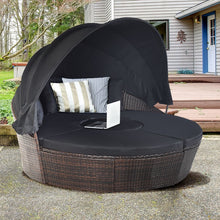 Load image into Gallery viewer, Lit de Jardin Rond d'Exterieur Table Relevable Modulable &amp; Convertible - Pare Soleil Réglable rotin PE Coussins Inclus Noir