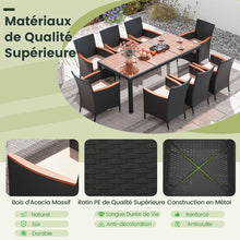 Load image into Gallery viewer, Salon de Jardin en Rotin 9 Pièces Plateau de Table en Acacia Ensemble de Salle à Manger avec Coussins Amovibles Trou Charge 180KG Beige+Noir
