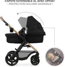 Load image into Gallery viewer, Kinderkraft MOOV2 Poussette 3 en 1, Système de voyage de la naissance à 27 kg, Siège auto Mink PRO I-Size inclus, Capote extensible avec filtre UPF50+, Accessoires pratiques, Gris
