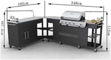 Load image into Gallery viewer, Grand barbecue à gaz GPL butane propane cuisine extérieure 4 brûleurs + 1 réchaud latéral 1 évier grand plan de travail inox espace de rangement 8 roues