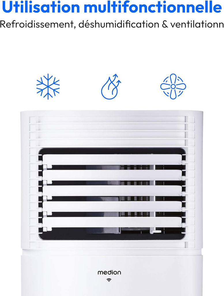 MEDION Smart Climatiseur Mobile P1002 (10000 BTU, 3-en-1, Refroidir, Déshumidification, Ventilation, jusqu'à 34m², kit de joint de fenêtre, mode sommeil, contrôle Wifi, Télécommande, Écran, MD 37733)