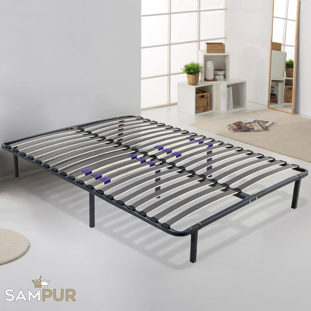 SAMPUR - Essential bed base 140 x 200 cm | Durable and comfortable | Feet included | Adjustable slats | Epoxy lacquered metal frame | Quick and easy assembly