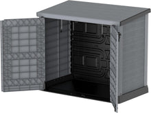 Load image into Gallery viewer, Duramax StoreAway 1200L Plastic Garden Shed/ Flat Lid, Outdoor Storage Shed, Wheelie Bin Hideaways, Wheelie bin box, Durable Construction, Ideal for Bikes, BBQs &amp; 2x 240L Bins, 145x85x125 cm, Brown