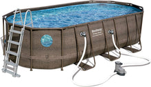 Load image into Gallery viewer, Bestway 56946 Piscine Power Steel™ Swim Vista ovale 488 x 305 x 107 cm motif rotin avec hublots, filtration à sable, échelle, bâche et diffuseur Chemconnect™