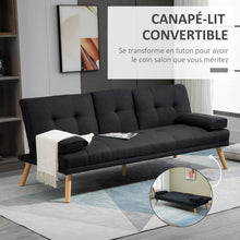 Load image into Gallery viewer, HOMCOM Canapé Convertible 3 Places Design scandinave Inclinaison Dossier réglable 3 Niveaux Dossier Centrale Rabattable 2 Porte-Verres Bois Massif Lin Gris