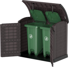 Load image into Gallery viewer, Duramax StoreAway 1200L Plastic Garden Shed/ Flat Lid, Outdoor Storage Shed, Wheelie Bin Hideaways, Wheelie bin box, Durable Construction, Ideal for Bikes, BBQs &amp; 2x 240L Bins, 145x85x125 cm, Brown