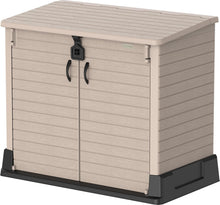 Load image into Gallery viewer, Duramax StoreAway 1200L Plastic Garden Shed/ Flat Lid, Outdoor Storage Shed, Wheelie Bin Hideaways, Wheelie bin box, Durable Construction, Ideal for Bikes, BBQs &amp; 2x 240L Bins, 145x85x125 cm, Brown