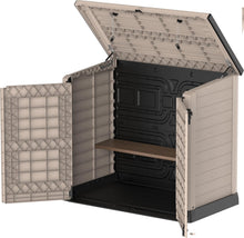 Load image into Gallery viewer, Duramax StoreAway 1200L Plastic Garden Shed/ Flat Lid, Outdoor Storage Shed, Wheelie Bin Hideaways, Wheelie bin box, Durable Construction, Ideal for Bikes, BBQs &amp; 2x 240L Bins, 145x85x125 cm, Brown