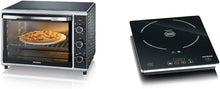 Load image into Gallery viewer, SEVERIN Mini-Four à chaleur tournante 42 L avec pierre à pizza et tournebroche, Four posable 1 800 W design élégant, électrique avec minuteur 120 min, Noir/Inox, TO 2058
