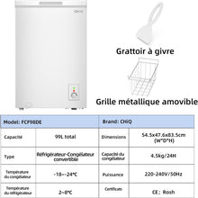 Load image into Gallery viewer, Congélateur coffre CHiQ 142L, 63,5 x 55,6 x 83,5cm, Congélateur Inverter, Affichage de la température extérieure, Mode de congélation rapide -32℃, Grille métallique,Faible bruit