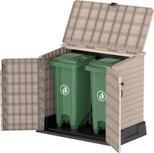 Load image into Gallery viewer, Duramax StoreAway 1200L Plastic Garden Shed/ Flat Lid, Outdoor Storage Shed, Wheelie Bin Hideaways, Wheelie bin box, Durable Construction, Ideal for Bikes, BBQs &amp; 2x 240L Bins, 145x85x125 cm, Brown