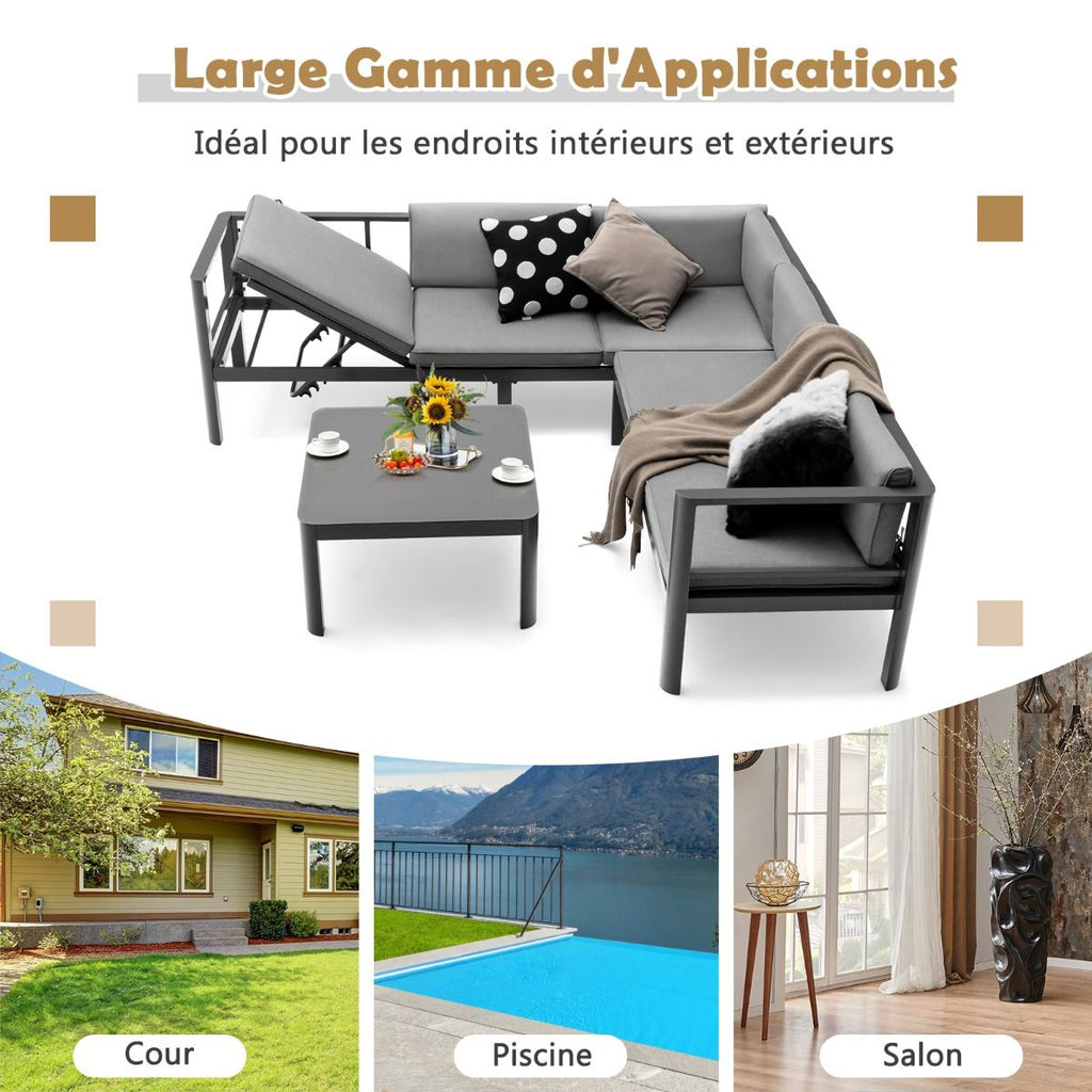 Salon de Jardin Extérieur avec Table Basse en Verre Trempé Canapéavec Dossier Inclinable à 6 Niveaux Coussins Inclus Gris