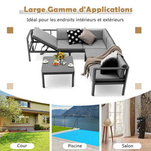 Load image into Gallery viewer, Salon de Jardin Extérieur avec Table Basse en Verre Trempé Canapéavec Dossier Inclinable à 6 Niveaux Coussins Inclus Gris
