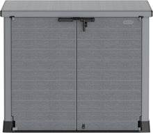 Load image into Gallery viewer, Duramax StoreAway 1200L Plastic Garden Shed/ Flat Lid, Outdoor Storage Shed, Wheelie Bin Hideaways, Wheelie bin box, Durable Construction, Ideal for Bikes, BBQs &amp; 2x 240L Bins, 145x85x125 cm, Brown