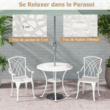 Load image into Gallery viewer, 5 Pcs Salon de Jardin en Fonte d'Aluminium Trou pour Parasol Repose-pieds Réglables Ensemble de Table Ronde et 4 Chaises Blanc