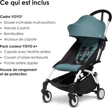 Load image into Gallery viewer, Poussette BABYZEN YOYO2 6+ (Cadre noir + pack couleur Aqua) - Comprend un harnais, un dossier, des arceaux de capote, une bandoulière, un coussin d’assise, et une capote assortie