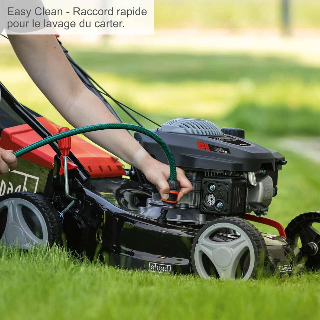 Scheppach Tondeuse à Gazon Thermique MS150-42 | Autotractée - 3,7 CV | Largeur de Coupe 42cm | Raccord Rapide de Nettoyage | Panier 45L | Hauteur - 7 Niveaux | Lame supp. + Huile Incluse