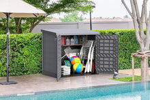 Load image into Gallery viewer, Duramax StoreAway 1200L Plastic Garden Shed/ Flat Lid, Outdoor Storage Shed, Wheelie Bin Hideaways, Wheelie bin box, Durable Construction, Ideal for Bikes, BBQs &amp; 2x 240L Bins, 145x85x125 cm, Brown