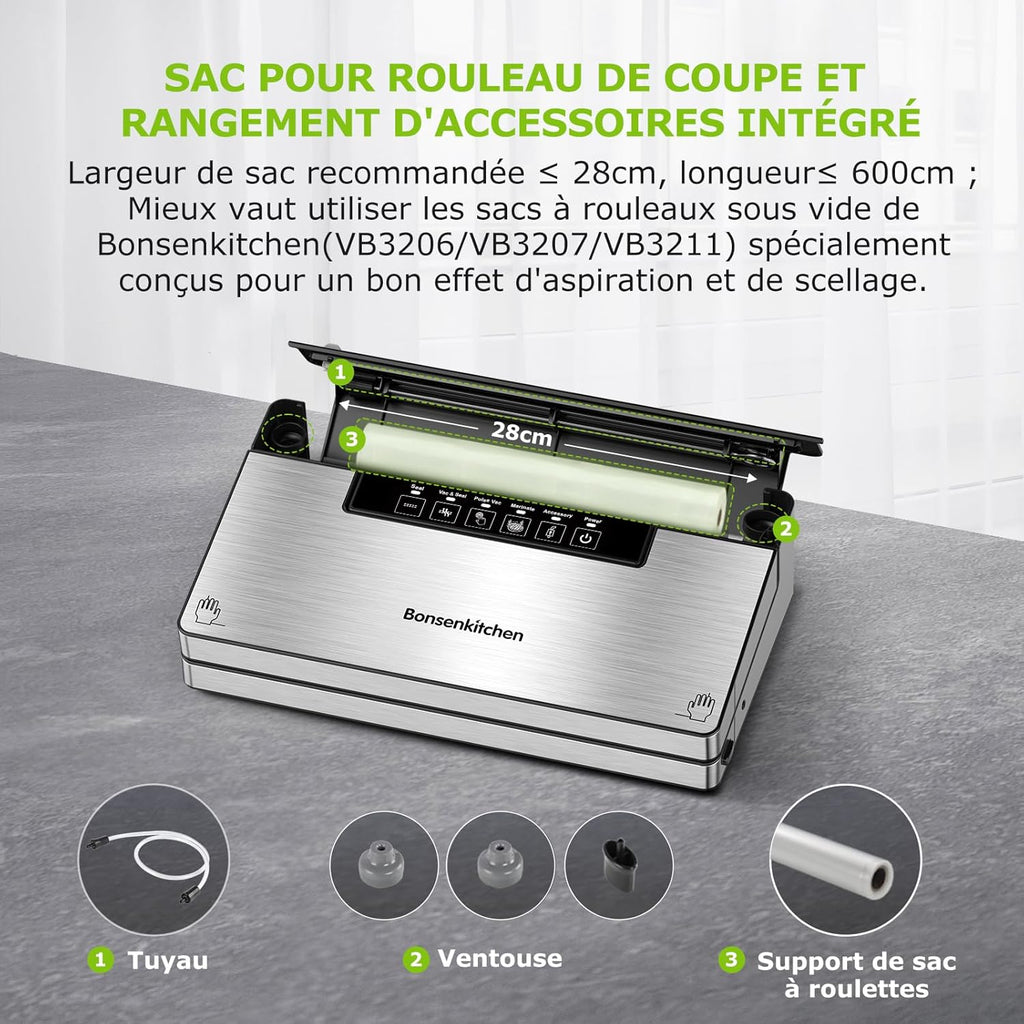 Bonsenkitchen Machine Sous Vide Alimentaire, Machine Sous Vide à 5 Modes-8 L/min, Technologie Globefish pour Un Travail en Continu à Grande Vitesse, Comprend 100 Sacs Sous Vide et 1 Sac en Rouleau