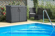 Load image into Gallery viewer, Duramax StoreAway 1200L Plastic Garden Shed/ Flat Lid, Outdoor Storage Shed, Wheelie Bin Hideaways, Wheelie bin box, Durable Construction, Ideal for Bikes, BBQs &amp; 2x 240L Bins, 145x85x125 cm, Brown