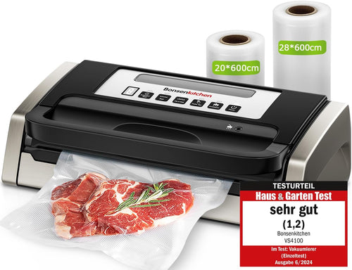 Bonsenkitchen Powerful and Quiet Food Vacuum Sealer with Globefish Technology for Continuous Work, Locked Handle Design, Integrated Cutter, 2 Rolls of Bags Included