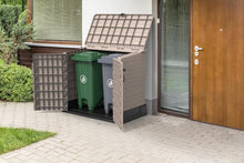 Load image into Gallery viewer, Duramax StoreAway 1200L Plastic Garden Shed/ Flat Lid, Outdoor Storage Shed, Wheelie Bin Hideaways, Wheelie bin box, Durable Construction, Ideal for Bikes, BBQs &amp; 2x 240L Bins, 145x85x125 cm, Brown