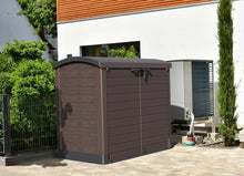 Load image into Gallery viewer, Duramax StoreAway 1200L Plastic Garden Shed/ Flat Lid, Outdoor Storage Shed, Wheelie Bin Hideaways, Wheelie bin box, Durable Construction, Ideal for Bikes, BBQs &amp; 2x 240L Bins, 145x85x125 cm, Brown