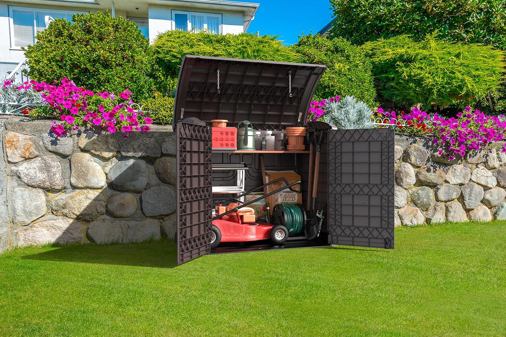 Duramax StoreAway 1200L Plastic Garden Shed/ Flat Lid, Outdoor Storage Shed, Wheelie Bin Hideaways, Wheelie bin box, Durable Construction, Ideal for Bikes, BBQs & 2x 240L Bins, 145x85x125 cm, Brown